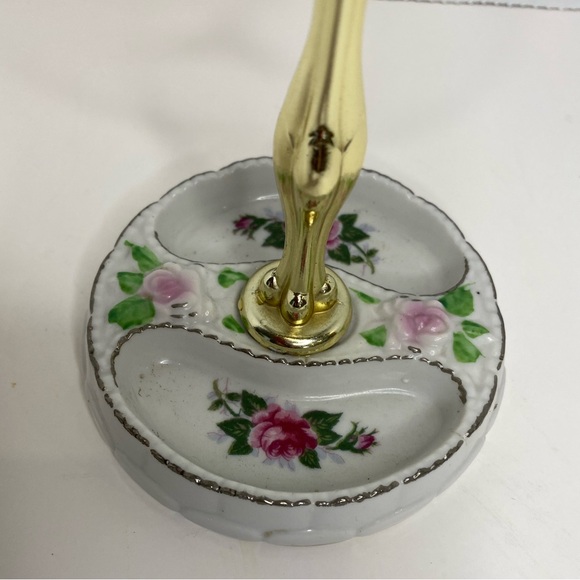 Porcelain Trinket Dish with Gold Tone Handle Embossed Roses and Painted Roses - Picture 3 of 7